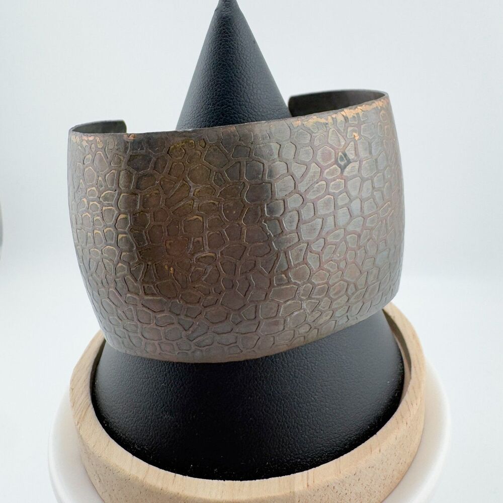 Wide Textured Cuff Bracelet Antiqued Bronze Tone Honeycomb Pattern Statement
